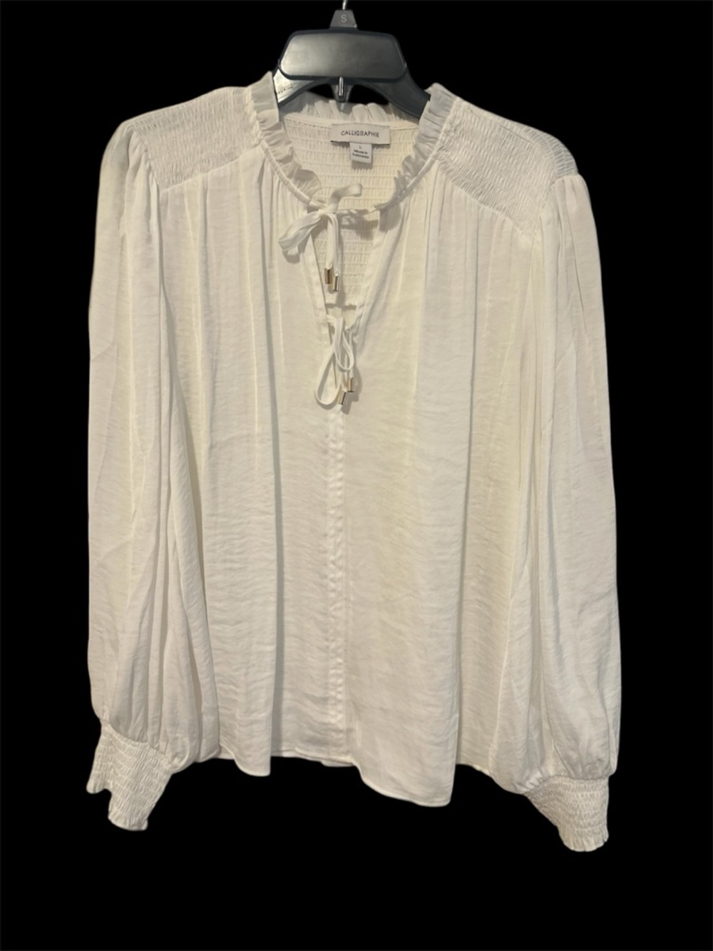 Calliope White Long-Sleeve Peasant Top with Tie Neck